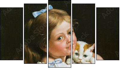 Portrait of the girl with a cat - Fünfteiliges Leinwandbild, Pentaptychon