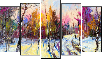 Sunset in winter wood - Fünfteiliges Leinwandbild, Pentaptychon