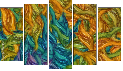 Abstract painting impressionism wall art print example with oil imitation in Vincent Van Gogh style. Artistic contemporary design decor elements. Pop modern abstraction with vibrant bright strokes. - Fünfteiliges Leinwandbild, Pentaptychon
