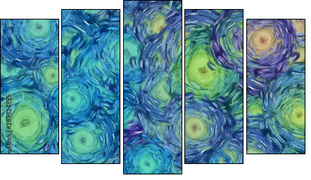 Abstract painting impressionism wall art print example with oil imitation in Vincent Van Gogh style. Artistic contemporary design decor elements. Pop modern abstraction with vibrant bright strokes. - Fünfteiliges Leinwandbild, Pentaptychon