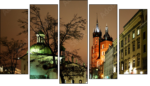 Night view of the Market Square in Krakow, Poland - Fünfteiliges Leinwandbild, Pentaptychon