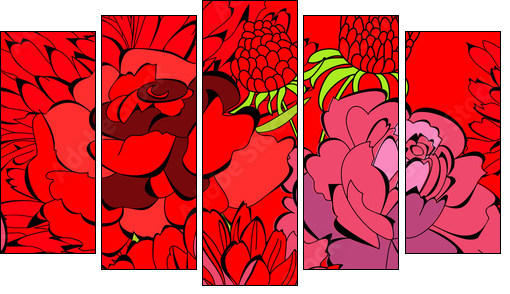 Seamless pattern with red flowers - Fünfteiliges Leinwandbild, Pentaptychon