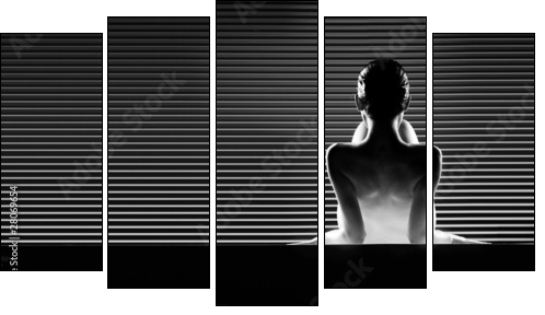 black and white back view artistic nude, on striped background. - Fünfteiliges Leinwandbild, Pentaptychon