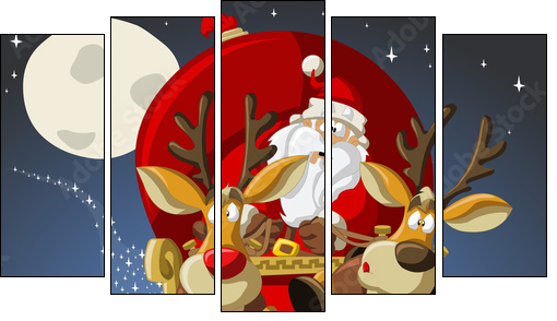 Santa-Claus on sleigh with reindeers - Fünfteiliges Leinwandbild, Pentaptychon