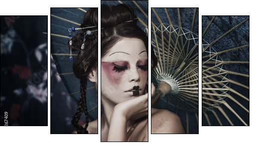 portrait of a beautiful white girl in geisha style - Fünfteiliges Leinwandbild, Pentaptychon