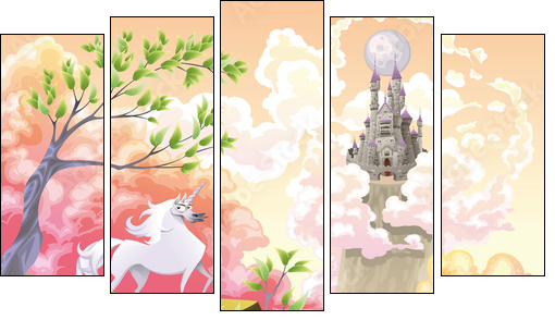 Unicorn and mythological landscape. Vector illustration - Fünfteiliges Leinwandbild, Pentaptychon