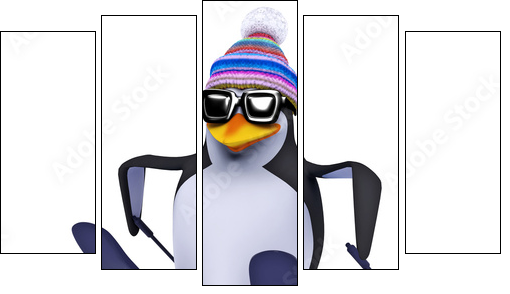 3d Penguin skiing like a pro - Fünfteiliges Leinwandbild, Pentaptychon