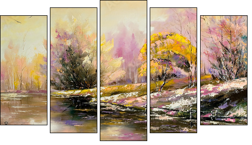 Autumn landscape with snow and the river - Fünfteiliges Leinwandbild, Pentaptychon