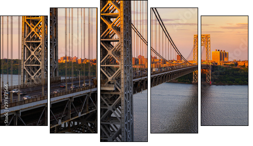 The George Washington Bridge (long-span suspension bridge) across the Hudson River at sunset. Uptown and Fort Washington Park, New York City, USA - Fünfteiliges Leinwandbild, Pentaptychon