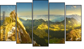 Great panoramic view of morning mountains in Switzerland with Lake Zürich and many tops in autumn - Fünfteiliges Leinwandbild, Pentaptychon