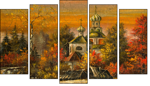 Ancient picture. Church in village - Fünfteiliges Leinwandbild, Pentaptychon