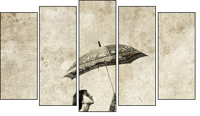 Girl with umbrella on bike. Photo in old image style. - Fünfteiliges Leinwandbild, Pentaptychon
