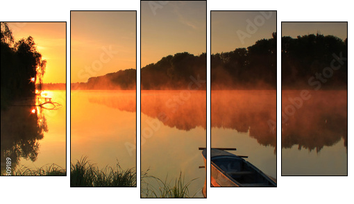 Boat on the shore of a misty lake - Fünfteiliges Leinwandbild, Pentaptychon