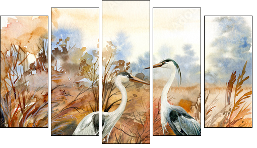 autumn landscape with birds  crane, watercolor illustration - Fünfteiliges Leinwandbild, Pentaptychon