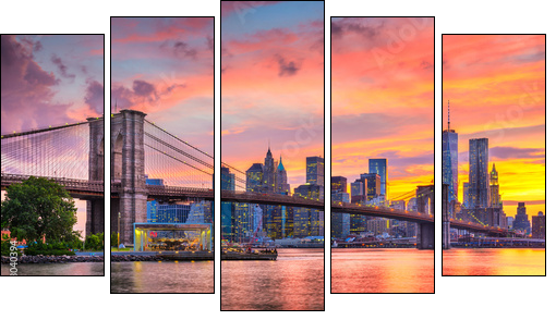 Lower Manhattan Skyline and Brooklyn Bridge - Fünfteiliges Leinwandbild, Pentaptychon