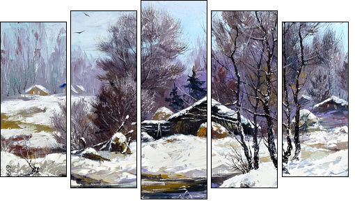 Small house in winter village - Fünfteiliges Leinwandbild, Pentaptychon
