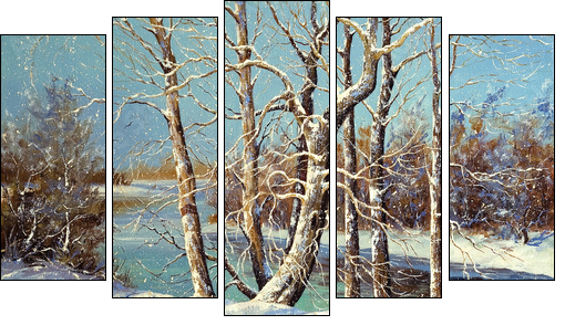 Winter landscape on the bank of the river - Fünfteiliges Leinwandbild, Pentaptychon