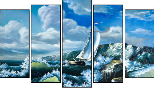 Lonely sailing vessel in the storming sea - Fünfteiliges Leinwandbild, Pentaptychon