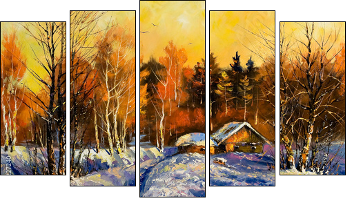 Evening in winter village - Fünfteiliges Leinwandbild, Pentaptychon