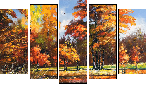 Autumn landscape on the bank of the river - Fünfteiliges Leinwandbild, Pentaptychon