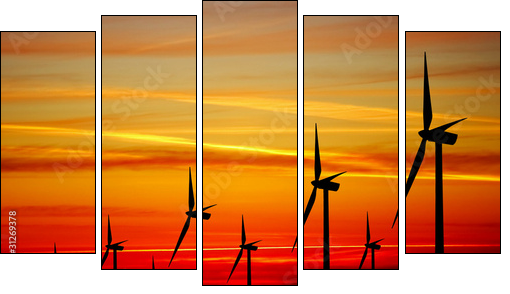 Wind turbines farm at sunset - Fünfteiliges Leinwandbild, Pentaptychon