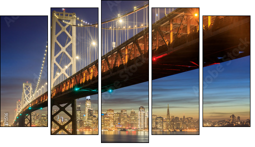 Western Span of San Francisco-Oakland Bay Bridge and San Francisco Waterfront in Blue Hour. Shot from Yerba Buena Island, San Francisco, California, USA. - Fünfteiliges Leinwandbild, Pentaptychon