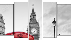 Red phone booth in London with the Big Ben in black and white - Fünfteiliges Leinwandbild, Pentaptychon