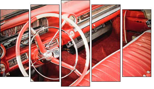 classic car interior with red leather upholstery - Fünfteiliges Leinwandbild, Pentaptychon