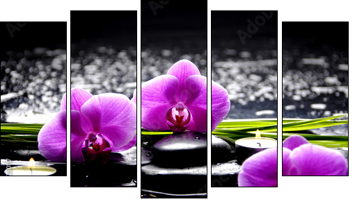 Spa still life with set of pink orchid and stones reflection - Fünfteiliges Leinwandbild, Pentaptychon