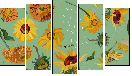 Sunflower flowers on a background of sea green. Vector illustration based on the painting of Van Gogh. - Fünfteiliges Leinwandbild, Pentaptychon