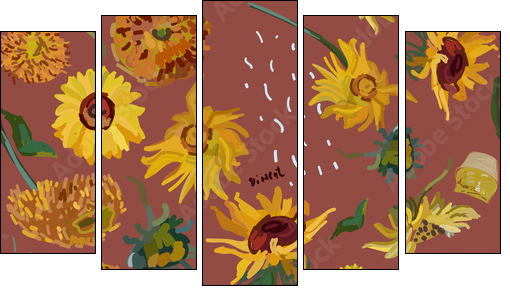 Sunflower flowers on a background of sea green. Vector illustration based on the painting of Van Gogh. - Fünfteiliges Leinwandbild, Pentaptychon