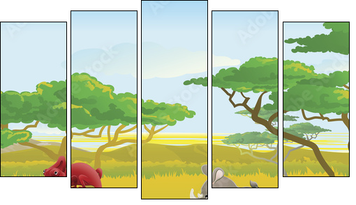Cute African safari animal cartoon scene - Fünfteiliges Leinwandbild, Pentaptychon