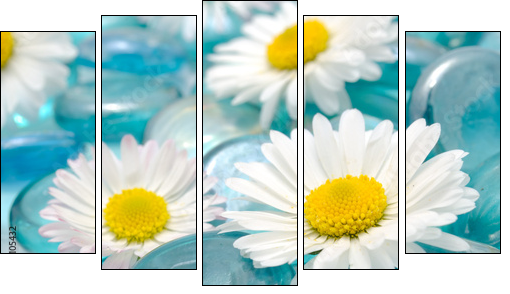 Daisy Flowers on Blue Glass Stones - Fünfteiliges Leinwandbild, Pentaptychon
