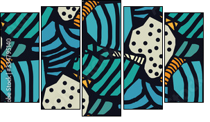 Creative seamless pattern in the style of Picasso. Various hand-drawn geometric shapes in turquoise, gold tones. Grunge texture. Minimalistic vintage design. Crazy art Wallpaper. Vector illustration. - Fünfteiliges Leinwandbild, Pentaptychon