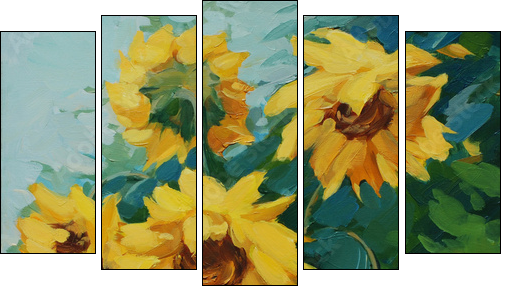 field with sunflowers drawn on a canvas oil,  illustration, pain - Fünfteiliges Leinwandbild, Pentaptychon