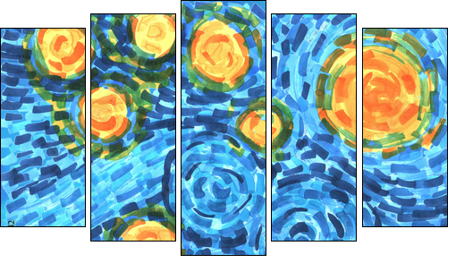 abstract background freehand living materials, colored masks curls, starry night - Fünfteiliges Leinwandbild, Pentaptychon