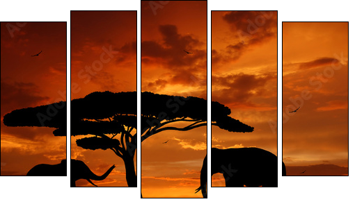 Silhouette two elephants in the sunset - Fünfteiliges Leinwandbild, Pentaptychon