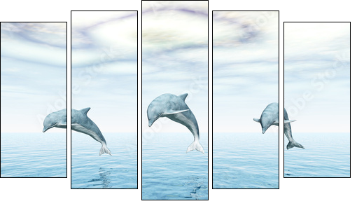 Jumping Dolphins - Springende Delfine - Fünfteiliges Leinwandbild, Pentaptychon