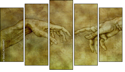 After Michelangelo - Adam and God - Fünfteiliges Leinwandbild, Pentaptychon