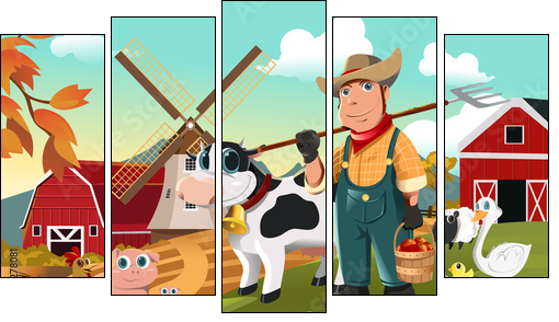 Farmer at the farm with animals - Fünfteiliges Leinwandbild, Pentaptychon