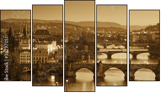 View at The Charles Bridge  and Vltava river, Sepia - Fünfteiliges Leinwandbild, Pentaptychon