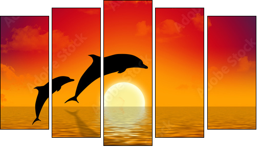 illustration of two dolphins swimming in sunset - Fünfteiliges Leinwandbild, Pentaptychon