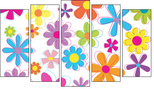 Multicolored retro styled flowers - Fünfteiliges Leinwandbild, Pentaptychon