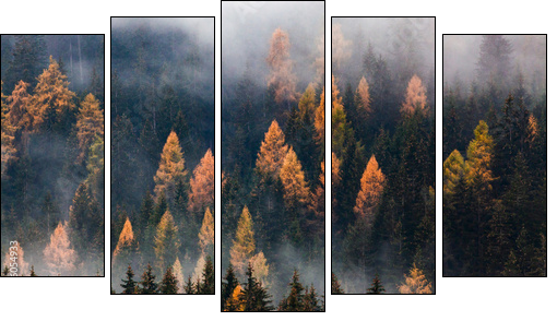 autumn nature background forest in fog - Fünfteiliges Leinwandbild, Pentaptychon
