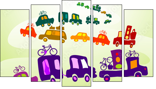 cars caravan, Group of kids playing in a landscape - Fünfteiliges Leinwandbild, Pentaptychon