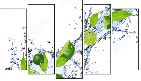 Limes falling in water splash, isolated on white background - Fünfteiliges Leinwandbild, Pentaptychon