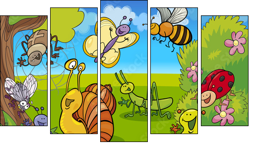 cartoon insects on the meadow - Fünfteiliges Leinwandbild, Pentaptychon