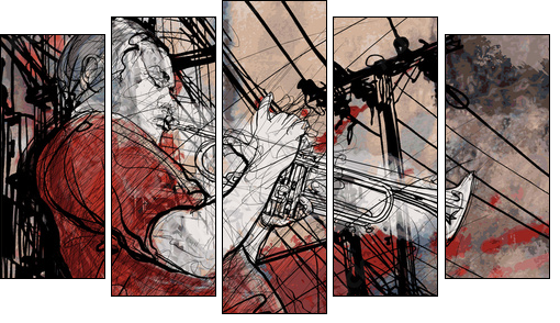 trumpeter on a grunge cityscape background - Fünfteiliges Leinwandbild, Pentaptychon