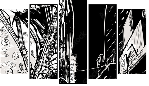 saxophonist playing saxophone in a street - Fünfteiliges Leinwandbild, Pentaptychon