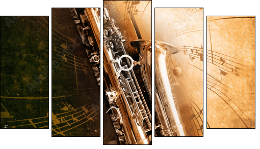 Old Saxophone with dirty background - Fünfteiliges Leinwandbild, Pentaptychon